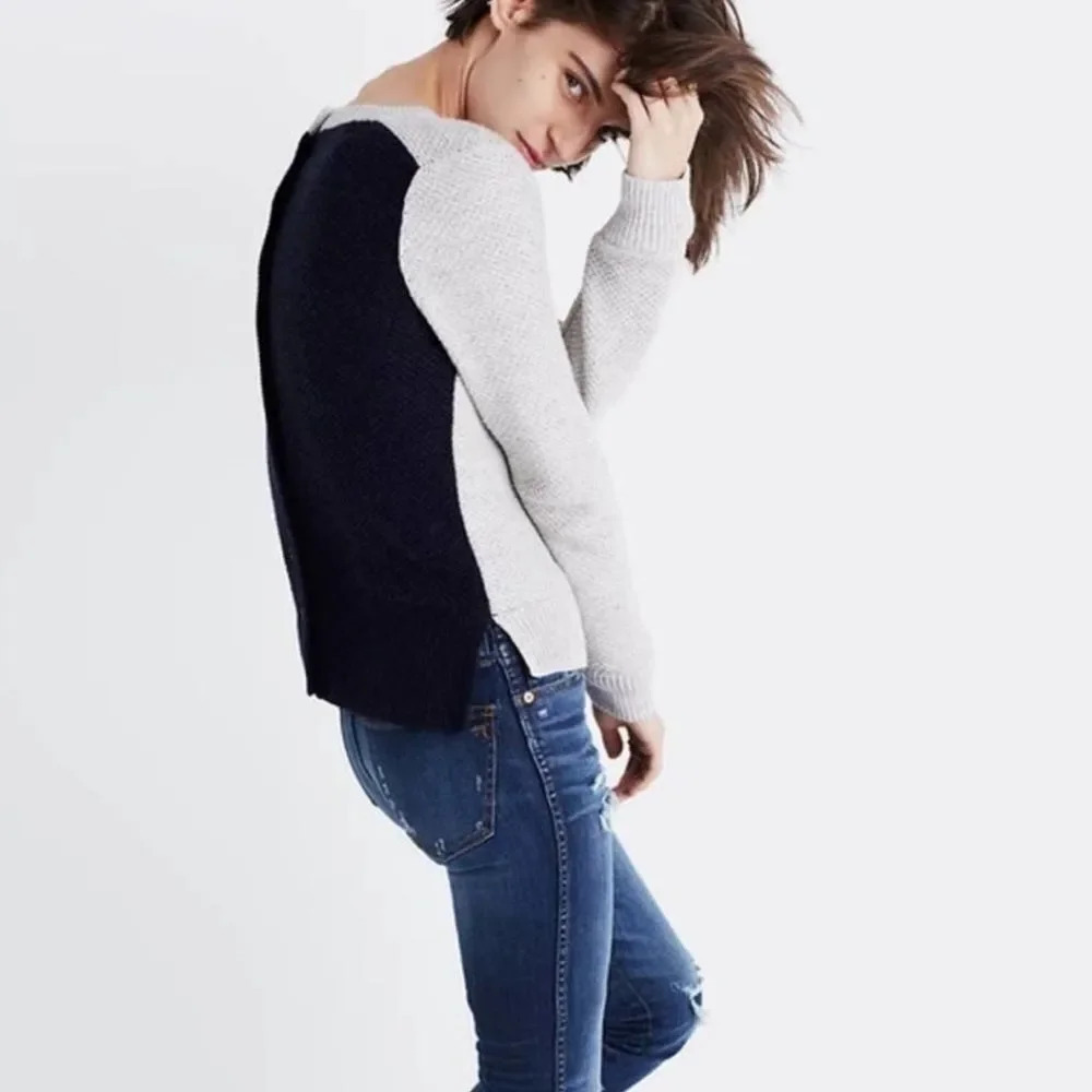 MADEWELL Backroad Button Back Colorblock Navy Gray Sweater